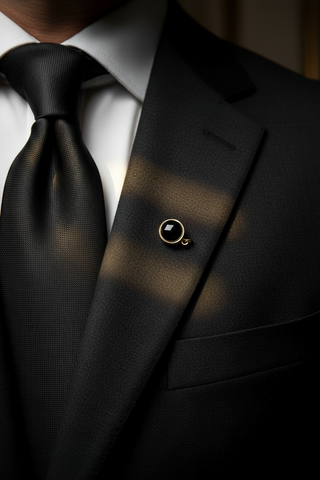 Close-up of a black suit with a lapel pin and white shirt