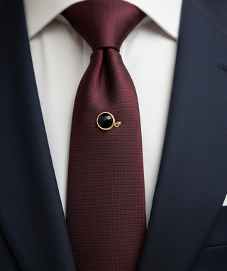 Close-up of a burgundy tie with a gold tie clip on a white shirt and navy suit.