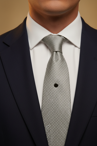 Gray patterned tie worn with a black suit and white shirt.