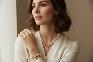 Woman wearing a pearl necklace and bracelet against a neutral background