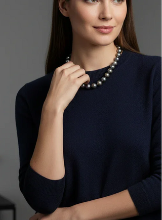 Woman wearing a dark blue sweater and pearl necklace against a gray background
