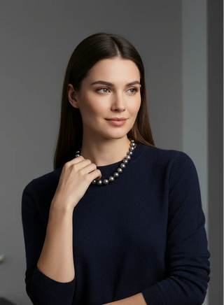 Woman wearing a dark blue sweater and pearl necklace against a gray background