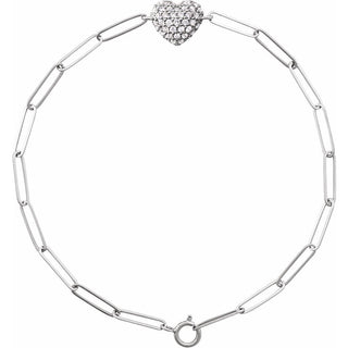 White gold chain bracelet with diamond heart stones  on a white background\