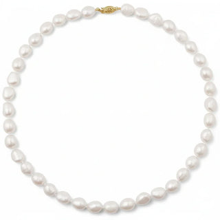 Pearl necklace with a gold clasp on a white background