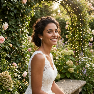 Woman in a white dress sitting in a garden with flowers and lights.