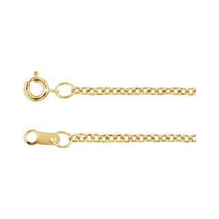 Gold cable chain necklace with spring ring clasp on white background