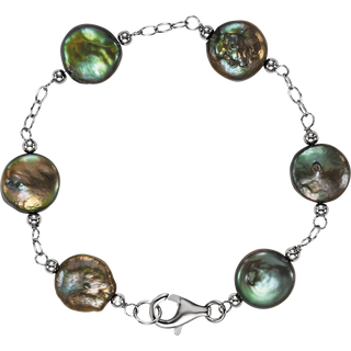 A bracelet featuring irregular baroque pearls with a green and bronze iridescent sheen, connected by a silver-tone chain with small spacer beads and a lobster clasp, shown on a plain white background.