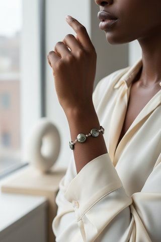 A close-up lifestyle shot of a woman wearing a silver-toned bracelet with round gray-green stone beads, styled with a cream satin blouse.