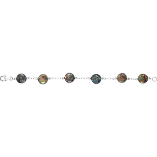 A silver chain bracelet featuring seven round, iridescent freshwater pearls with a shimmering green, gold, and brown pattern, displayed on a solid white background.