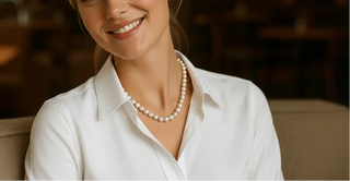 Woman wearing a white shirt and pearl necklace in a softly blurred indoor setting