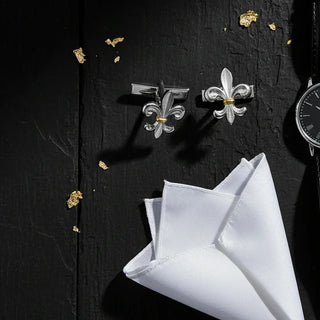 Fleur De-Lis Cufflinks – Flat Lay with Watch & Pocket Square