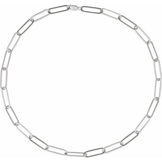 Silver paperclip chain necklace with elongated oval links on white background