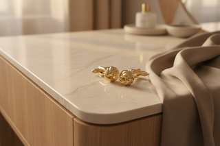 Gold knot cufflinks on a marble countertop with a neutral background