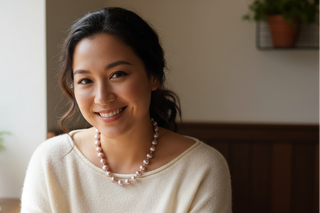 Woman sitting at a table in a cafe, wearing a pearl necklace.