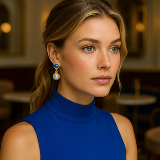 Cultured Pearl & Natural Turquoise Cabochon Drop Earrings