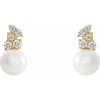 14K Yellow Cultured White Freshwater Pearl &  Natural Diamond Earrings