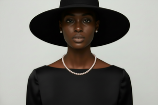 model dressed in a black outfit and a black hat, wearing a pink pearl necklace set 