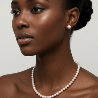 Woman wearing a pearl necklace and earring on a neutral background