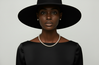 A model in black outfit and a  hat wearing a pink pearl necklace set 