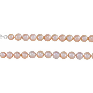 Pearl necklace with pink and white pearls on a white background