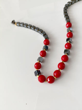 Red Coral and Hematite  Necklace set