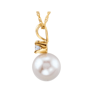 14K Yellow Cultured White Akoya Pearl & Diamond 18" Necklace