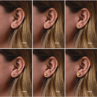 Earring sizes displayed on an ear with measurements from 3mm to 8mm.