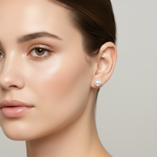 Pearl stud earrings with 14k white posts on a white background