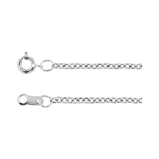 Close-up of a silver cable chain necklace with round clasp on white background