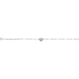 White gold chain bracelet with a diamond heart charm on a white background