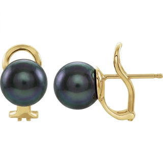 Whitestone Jewellery 14K gold omega earrings featuring dark cultured pearls