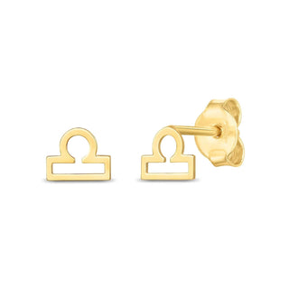 Gold Libra sign stud earrings with butterfly scroll
