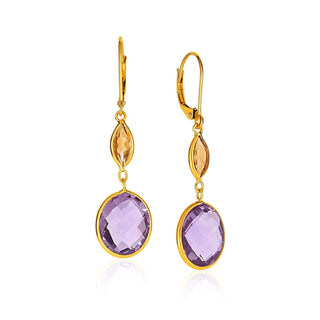 14k Yellow Gold Drop Earrings with Citrine and Amethyst Briolettes - Whitestone Jewellery